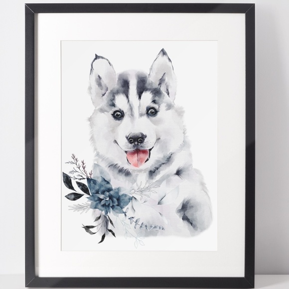 Watercolor Wall Art Husky Puppy Portrait Print Unframed - Picture 2 of 8